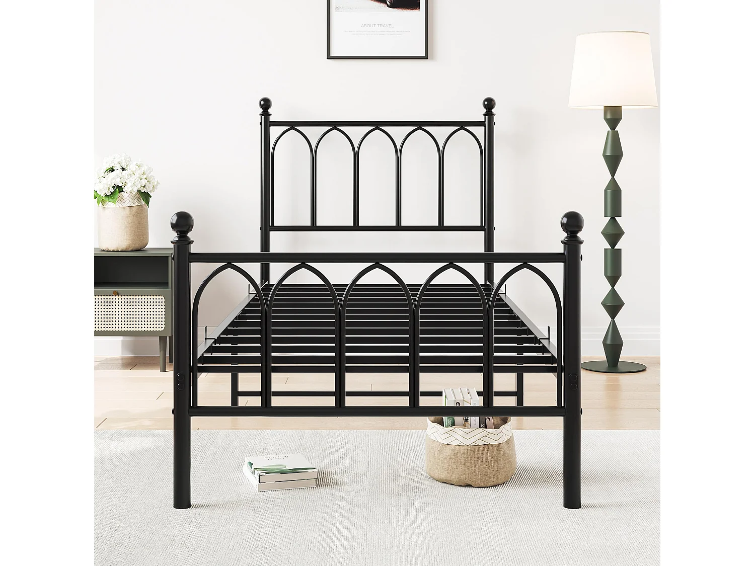 Cadre de lit en métal 90x200 cm - Lit simple avec tête de lit - Noir