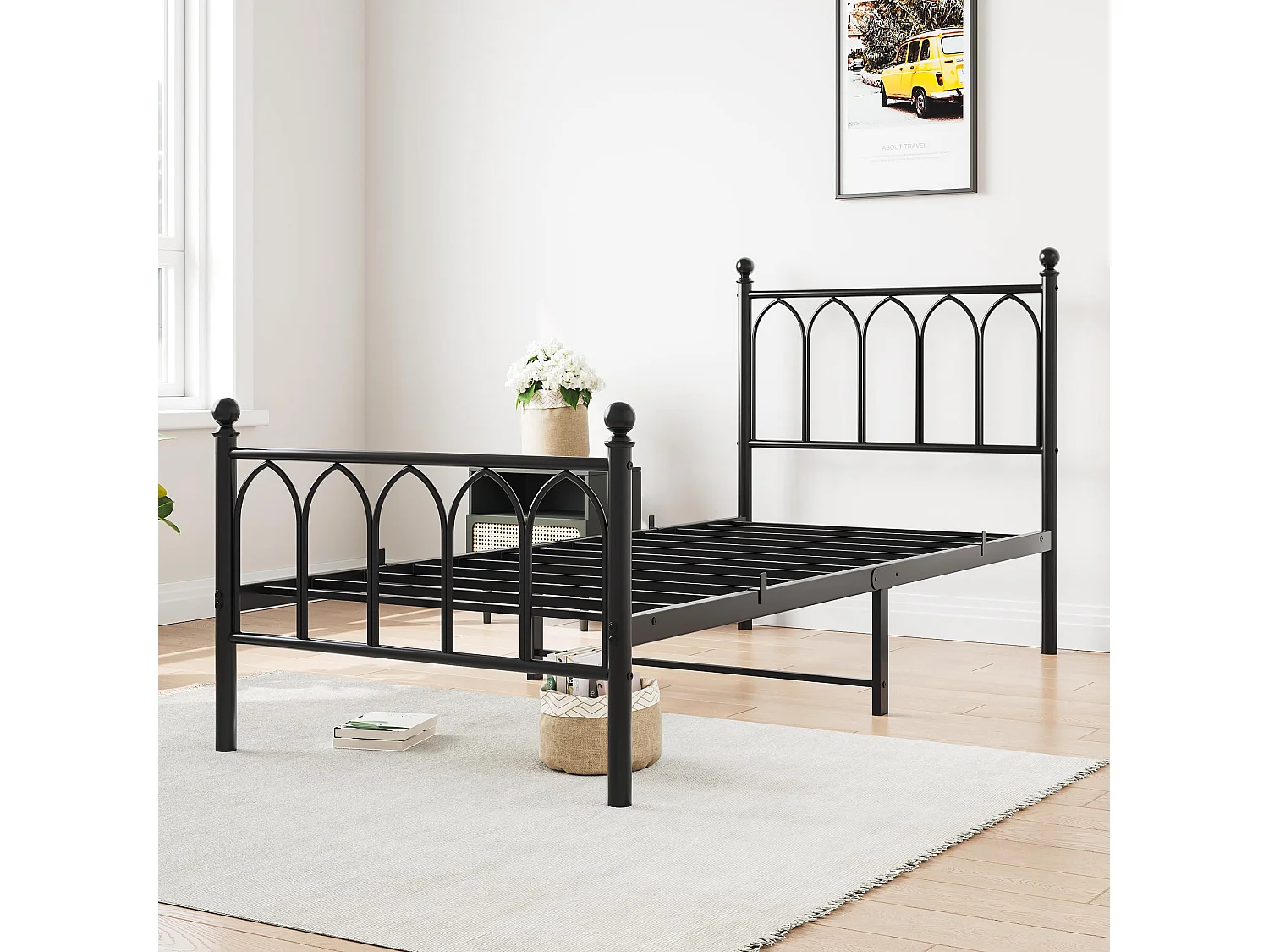 Cadre de lit en métal 90x200 cm - Lit simple avec tête de lit - Noir