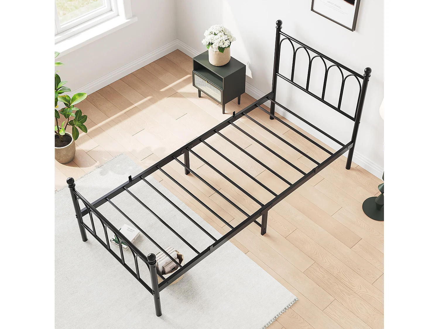 Cadre de lit en métal 90x200 cm - Lit simple avec tête de lit - Noir