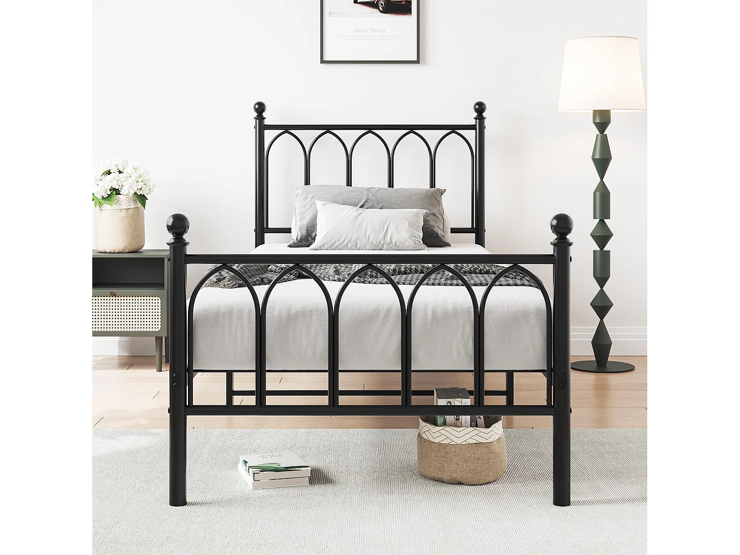 Cadre de lit en métal 90x200 cm - Lit simple avec tête de lit - Noir