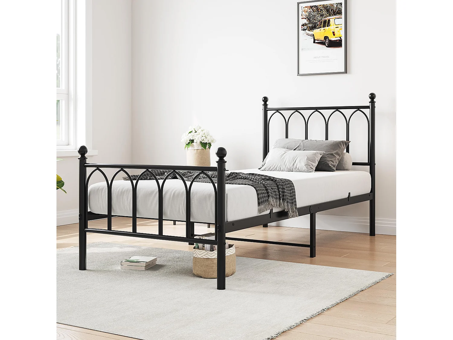 Cadre de lit en métal 90x200 cm - Lit simple avec tête de lit - Noir