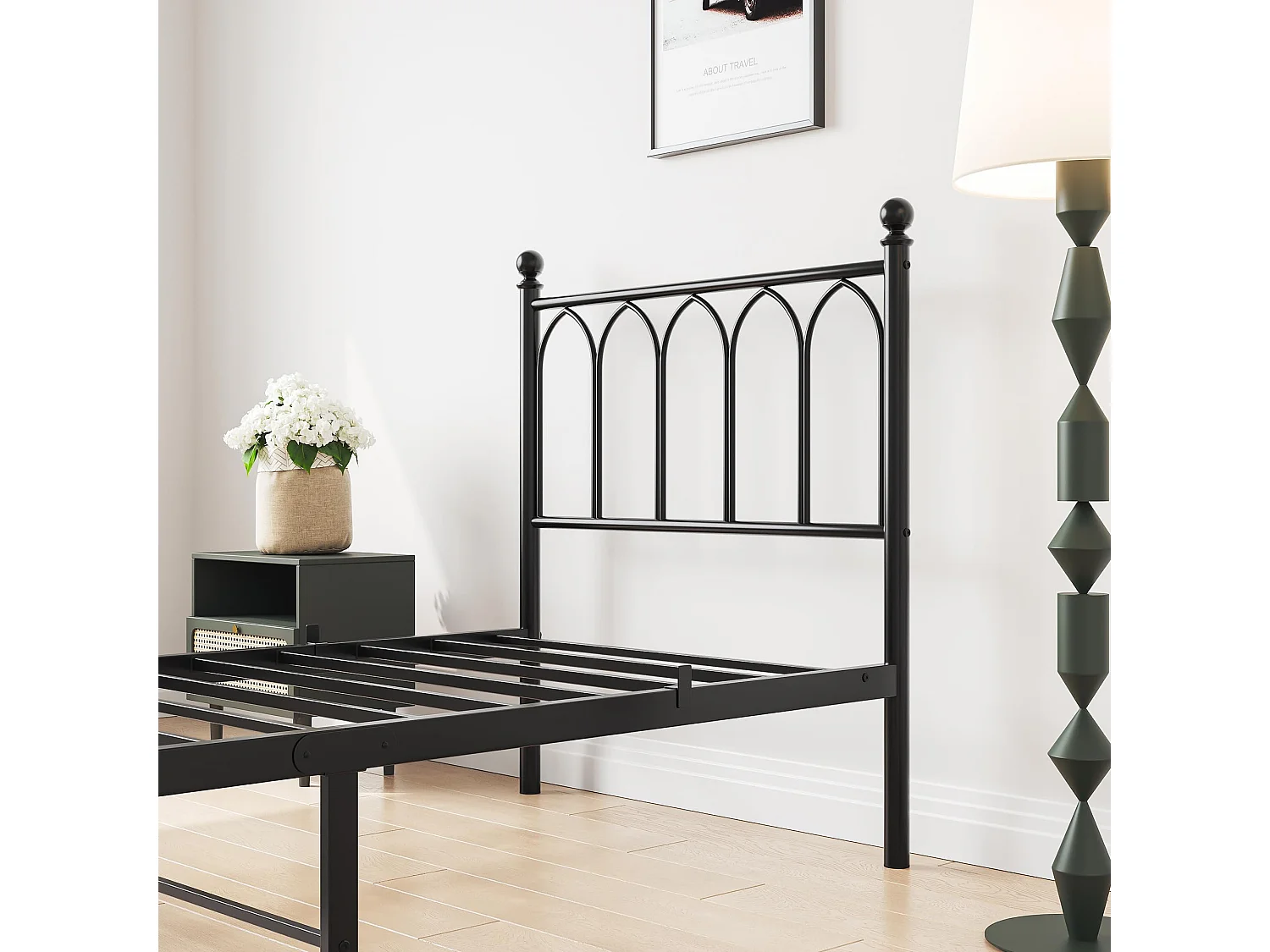 Cadre de lit en métal 90x200 cm - Lit simple avec tête de lit - Noir
