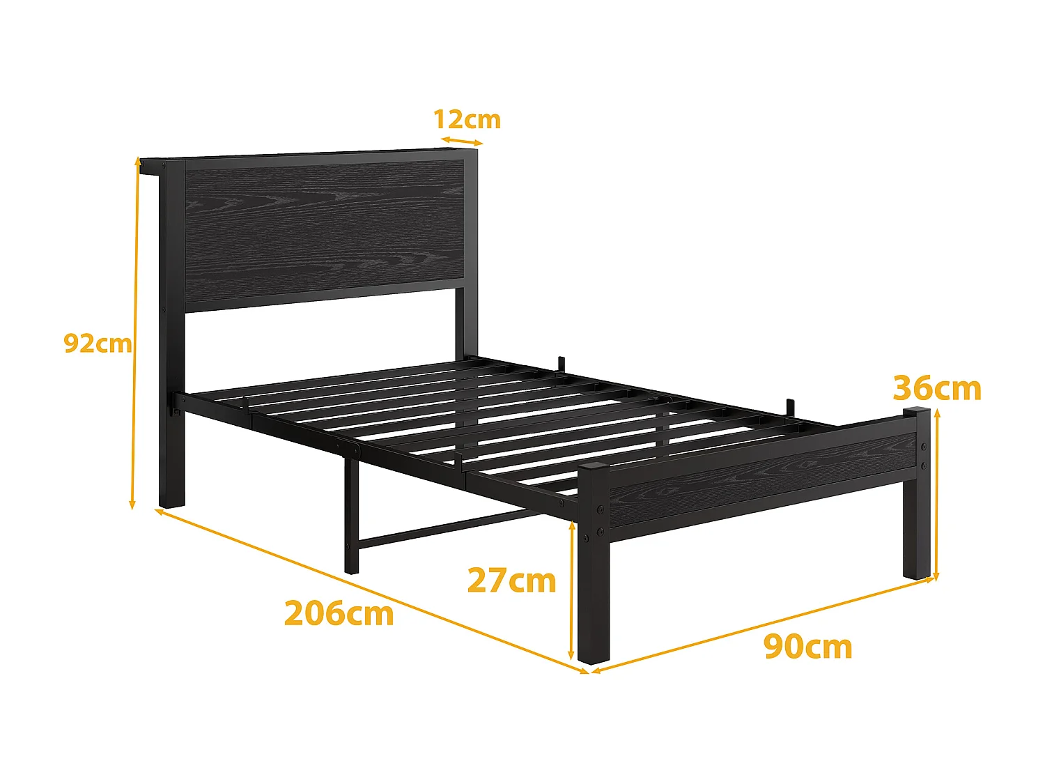 Cadre de lit en métal 90x200 cm avec tête de lit en bois- Lit simple noir - Sans matelas