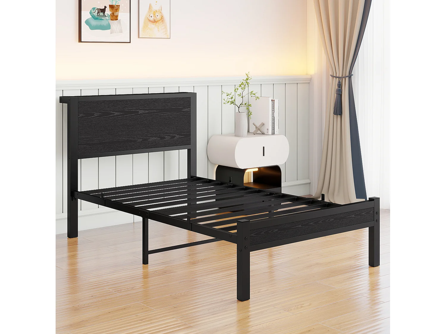 Cadre de lit en métal 90x200 cm avec tête de lit en bois- Lit simple noir - Sans matelas