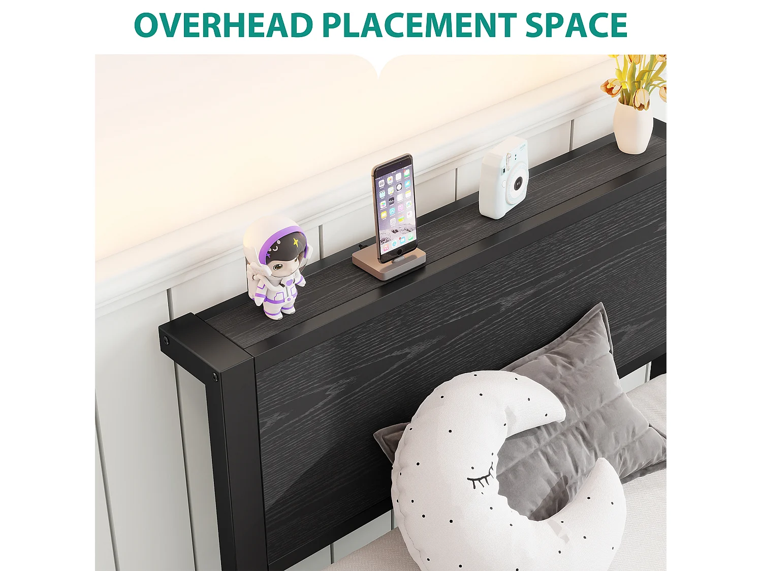 Cadre de lit en métal 90x200 cm avec tête de lit en bois- Lit simple noir - Sans matelas