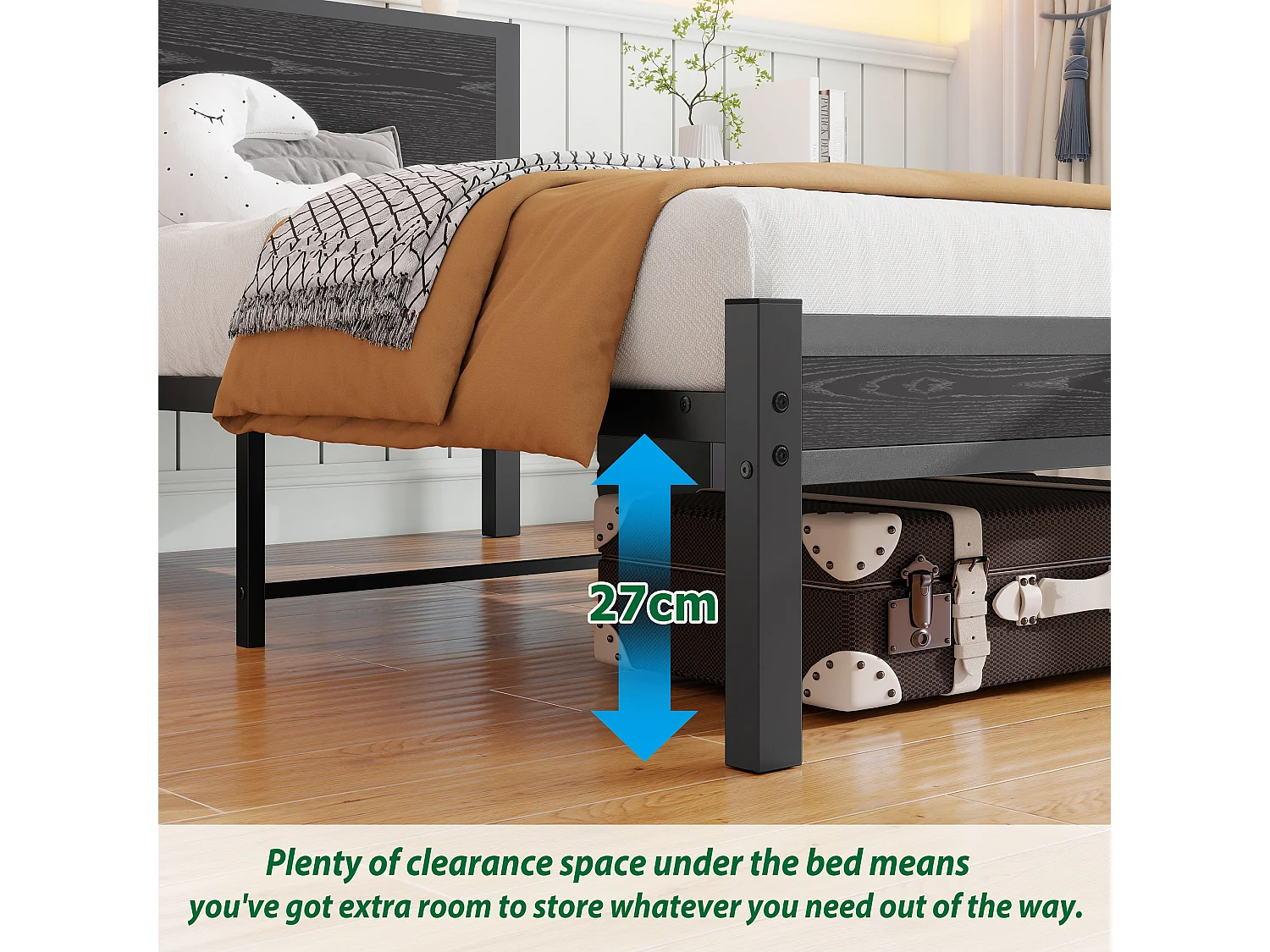 Cadre de lit en métal 90x200 cm avec tête de lit en bois- Lit simple noir - Sans matelas