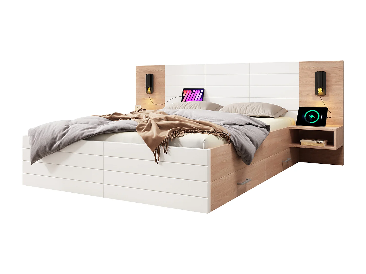 Volwassen tweepersoonsbed 180×200cm met 2 lades, leeslamp, USB-aansluiting en 2 nachtkastjes - Kleur hout en wit