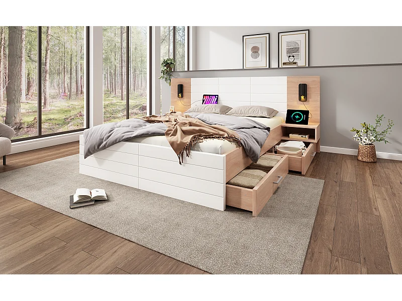 Volwassen tweepersoonsbed 180×200cm met 2 lades, leeslamp, USB-aansluiting en 2 nachtkastjes - Kleur hout en wit