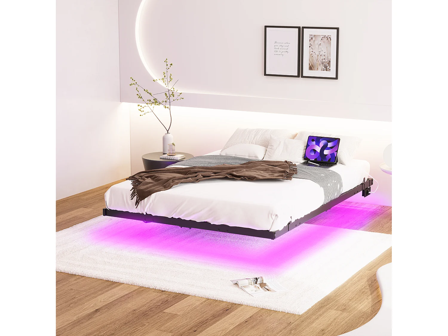 Lit adulte 120x200cm avec LED et station de recharge - Lit flottant en métal - Sans tête de lit - Noir