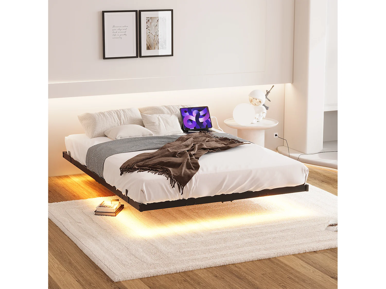 Lit adulte 120x200cm avec LED et station de recharge - Lit flottant en métal - Sans tête de lit - Noir