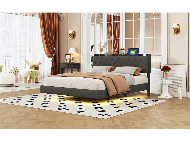 Lit rembourré 160x200 cm avec USB ,rangement et LED - Lit suspendu double - Tissu lin gris