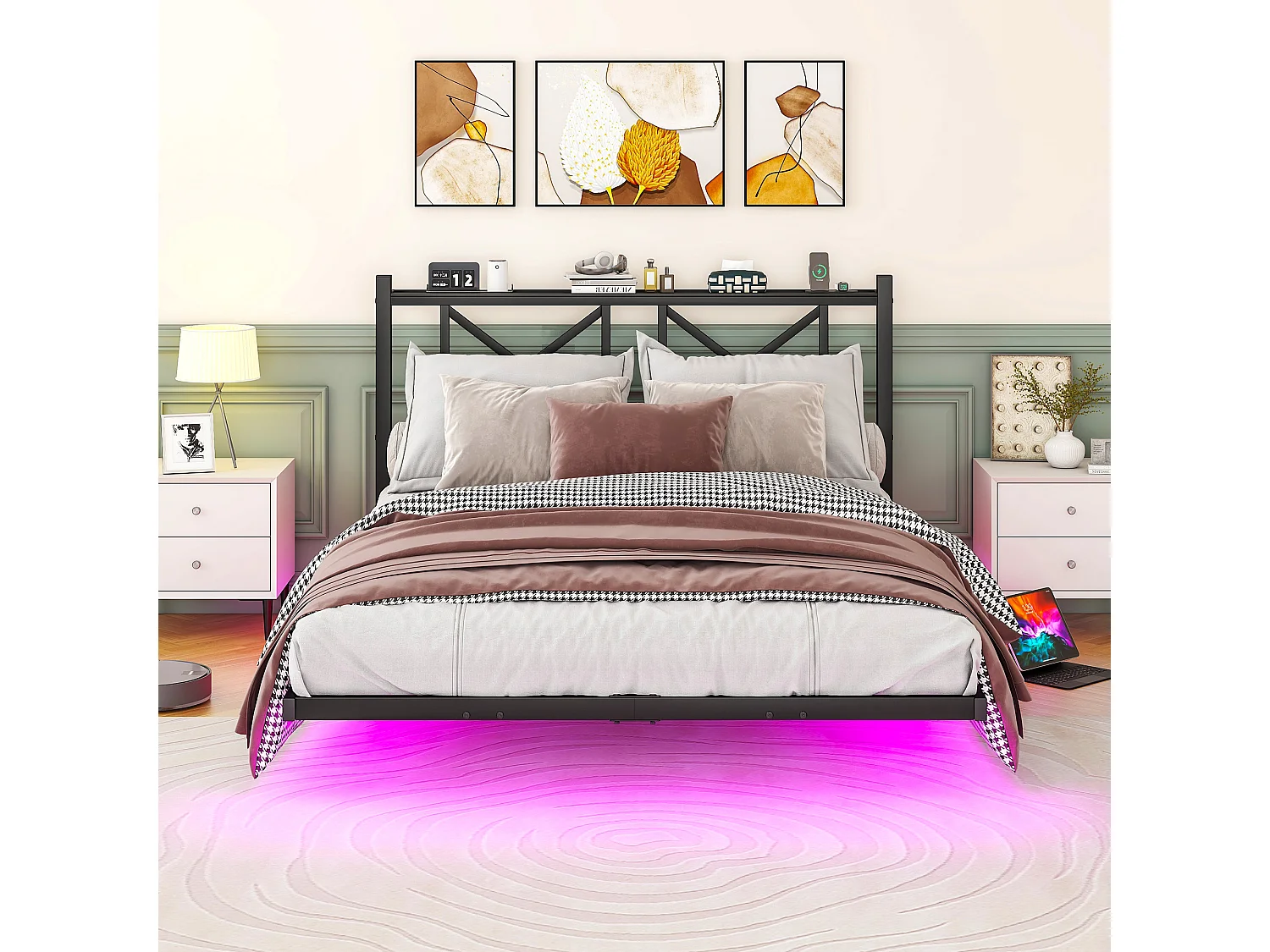 Lit adulte 140x200cm avec LED et station de recharge - Lit flottant en métal - Noir