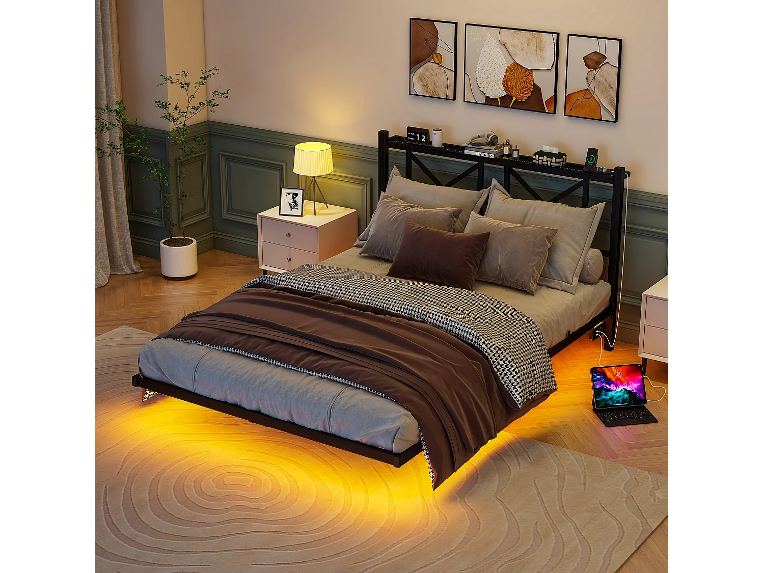 Lit adulte 140x200cm avec LED et station de recharge - Lit flottant en métal - Noir