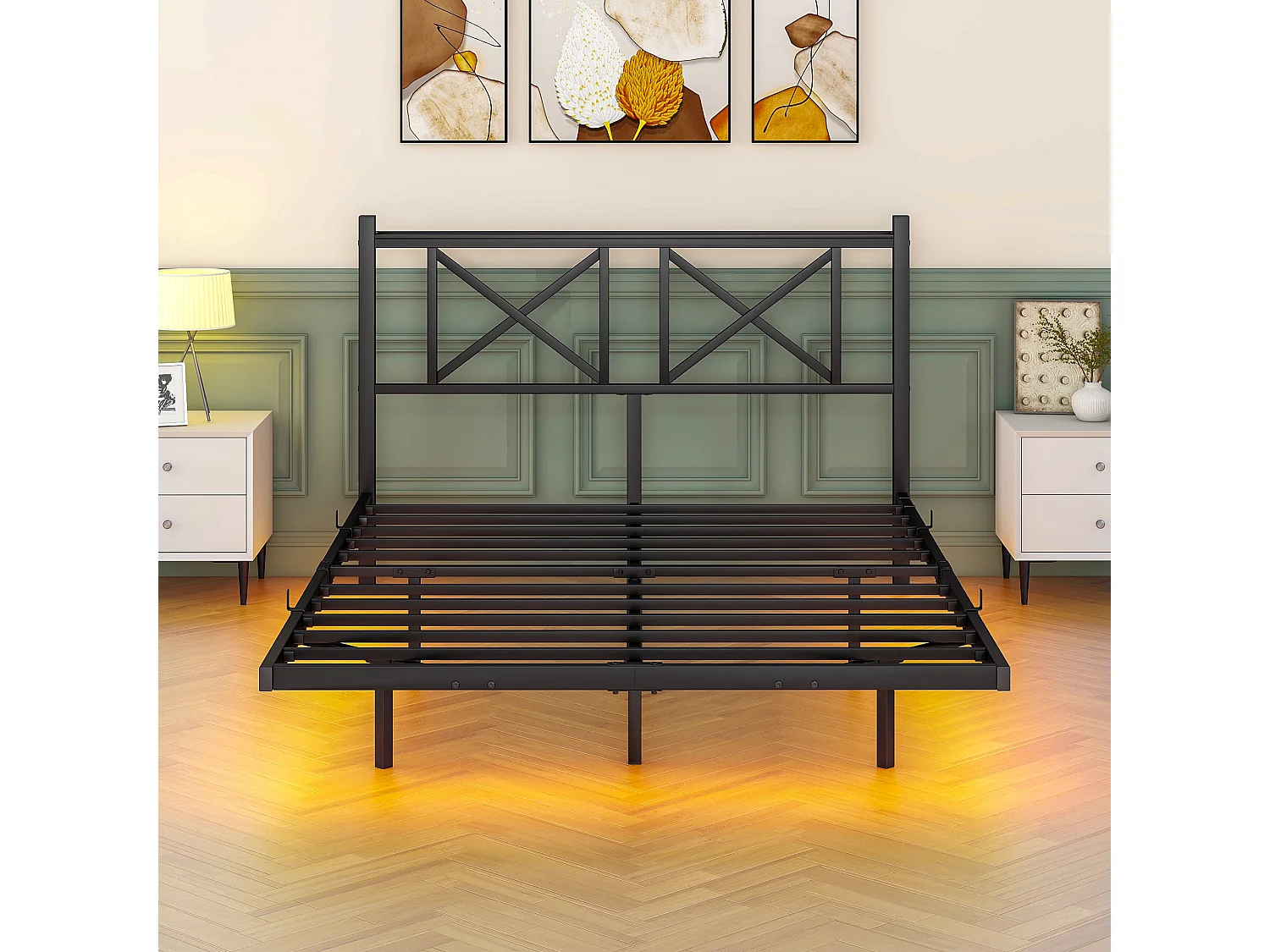 Lit adulte 140x200cm avec LED et station de recharge - Lit flottant en métal - Noir