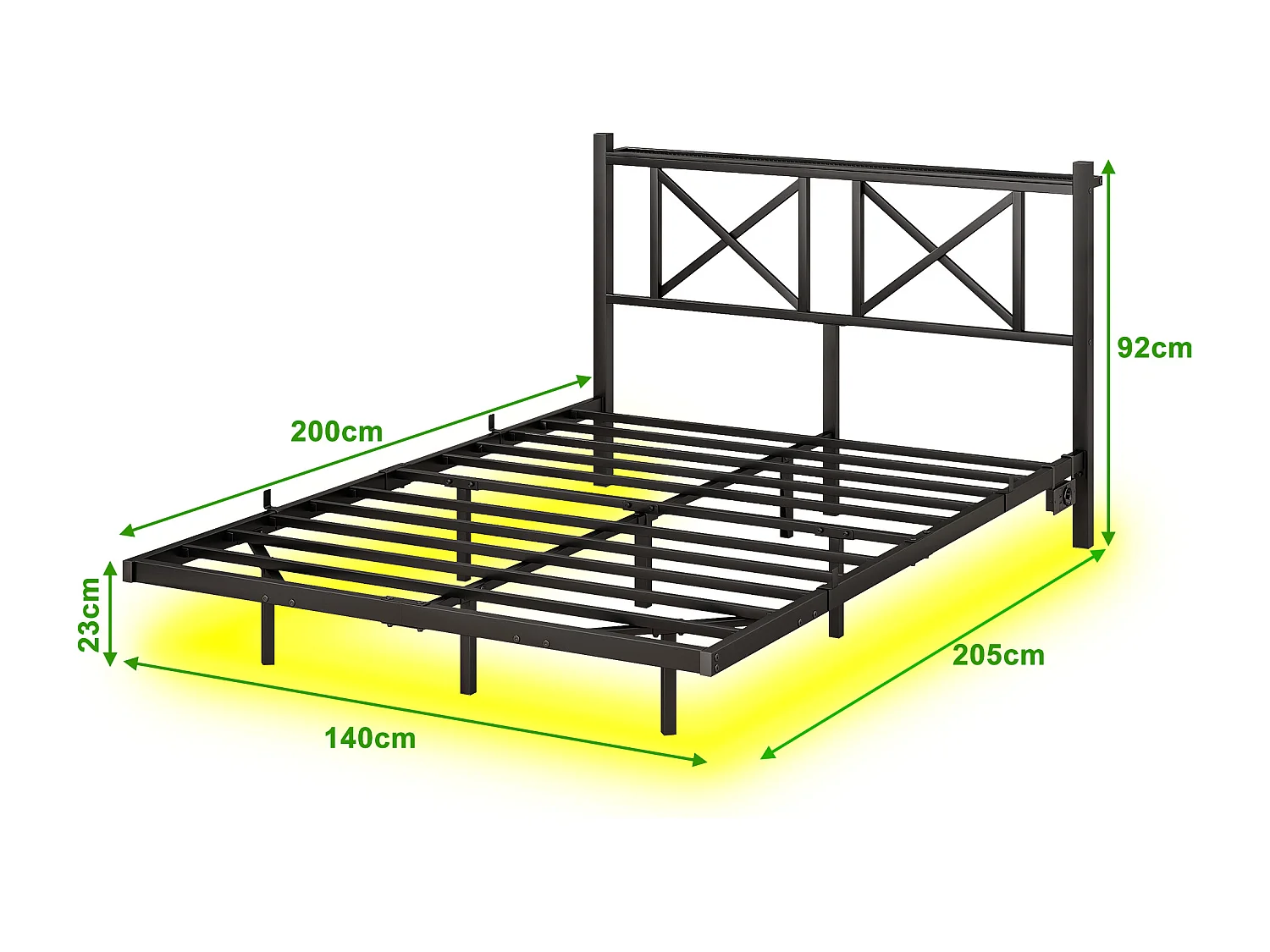Lit adulte 140x200cm avec LED et station de recharge - Lit flottant en métal - Noir