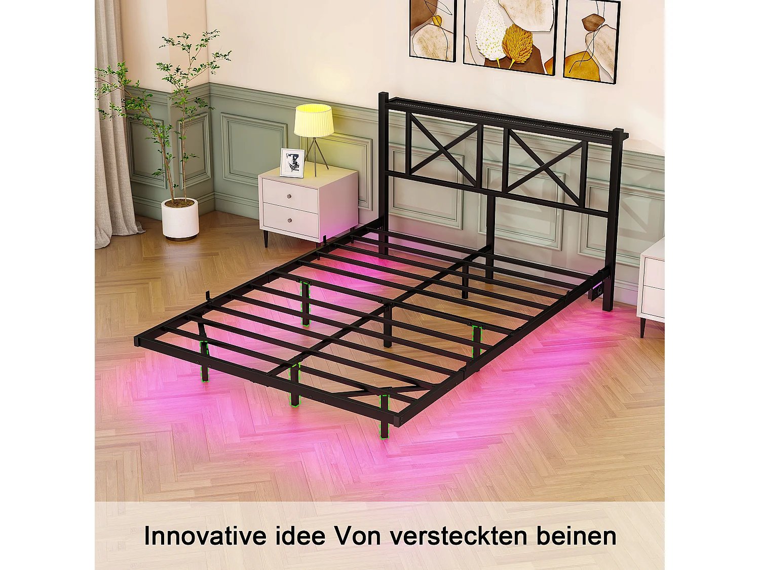 Lit adulte 140x200cm avec LED et station de recharge - Lit flottant en métal - Noir