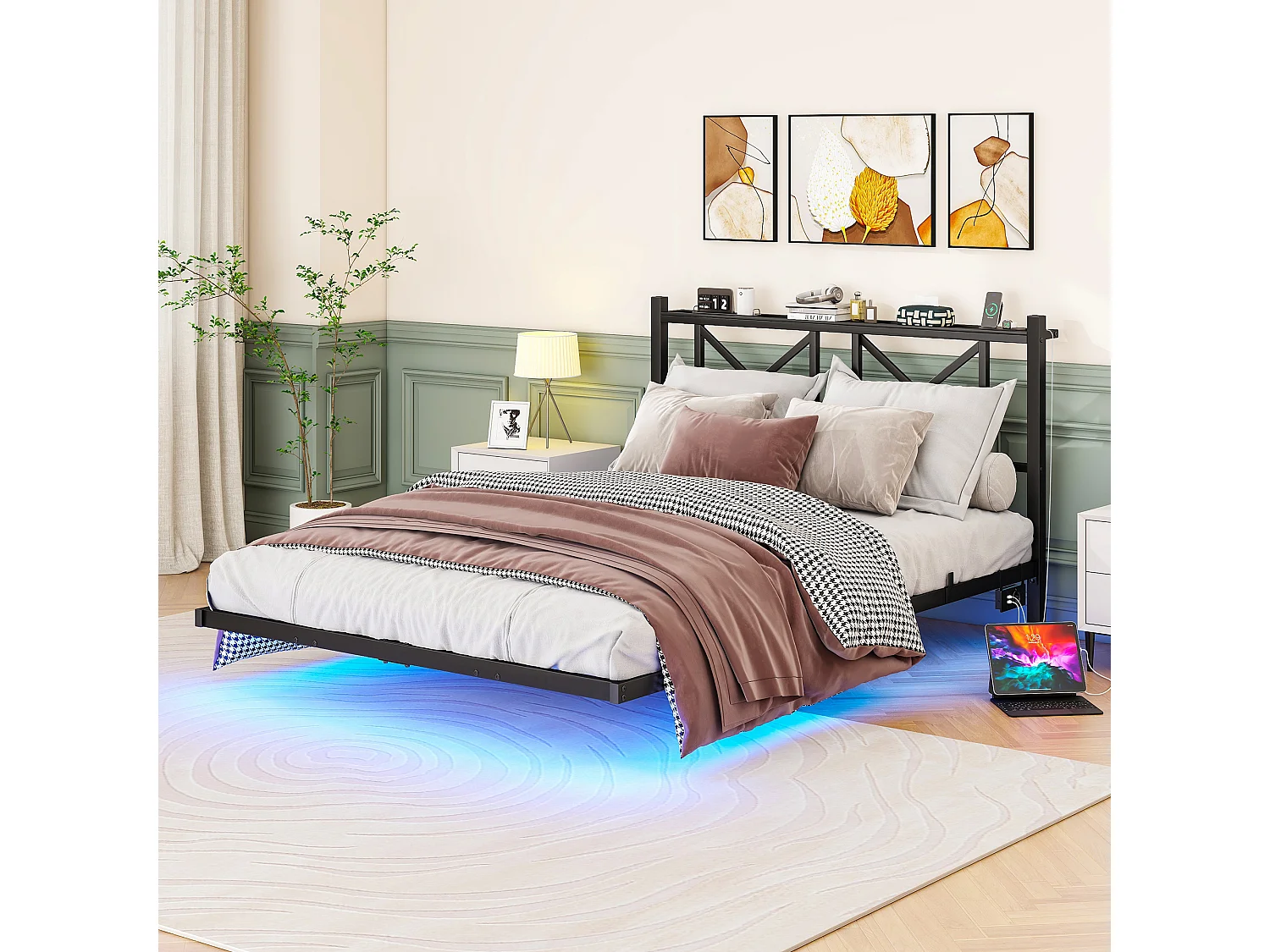 Lit adulte 140x200cm avec LED et station de recharge - Lit flottant en métal - Noir