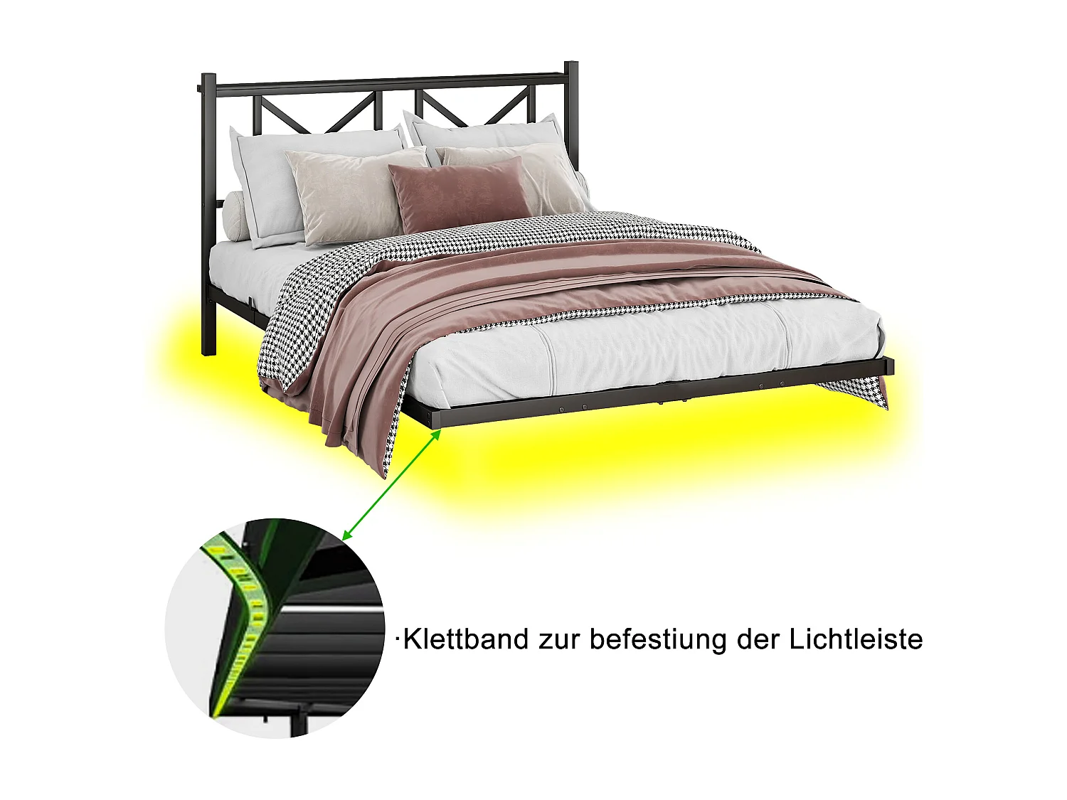 Lit adulte 140x200cm avec LED et station de recharge - Lit flottant en métal - Noir