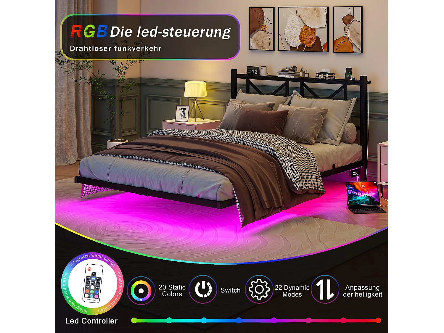 Lit adulte 140x200cm avec LED et station de recharge - Lit flottant en métal - Noir