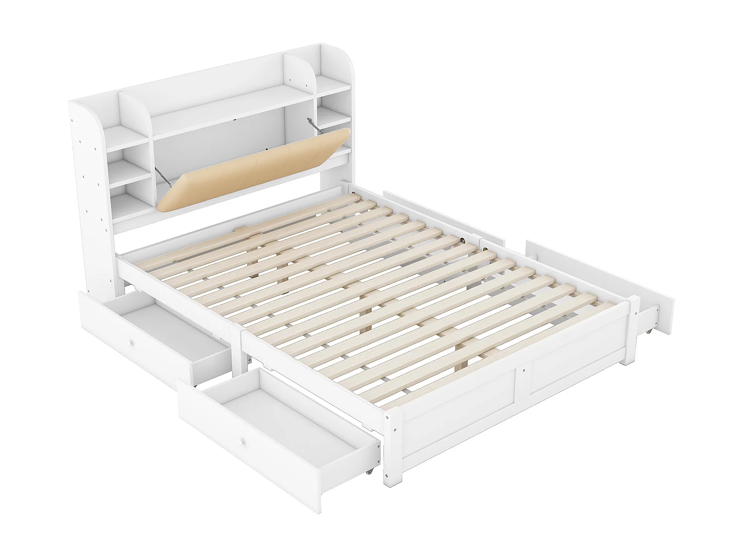 Lit double 160 x 200 cm avec 4 tiroirs et tête de lit de rangement - Bois blanc