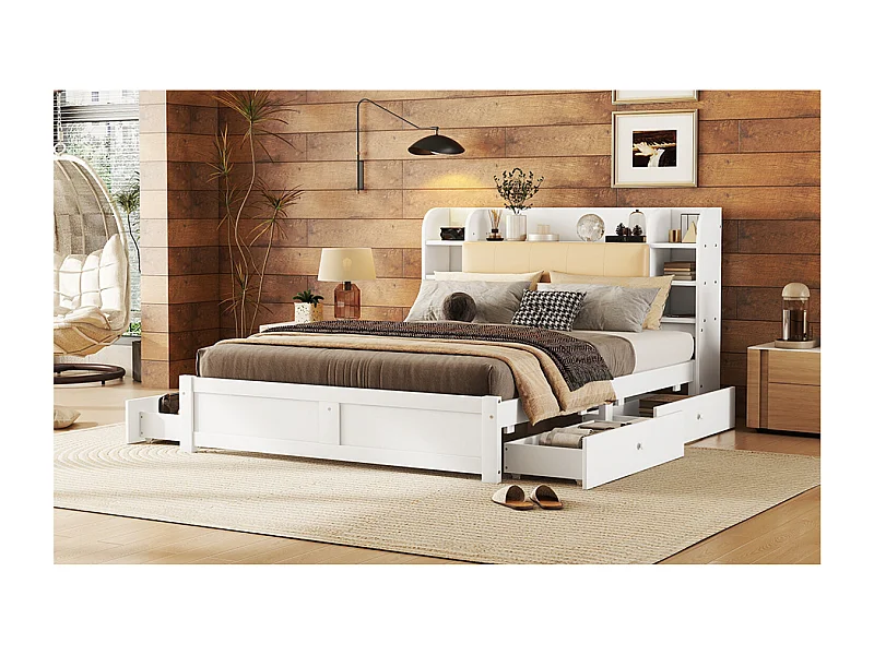 Lit double 160 x 200 cm avec 4 tiroirs et tête de lit de rangement - Bois blanc