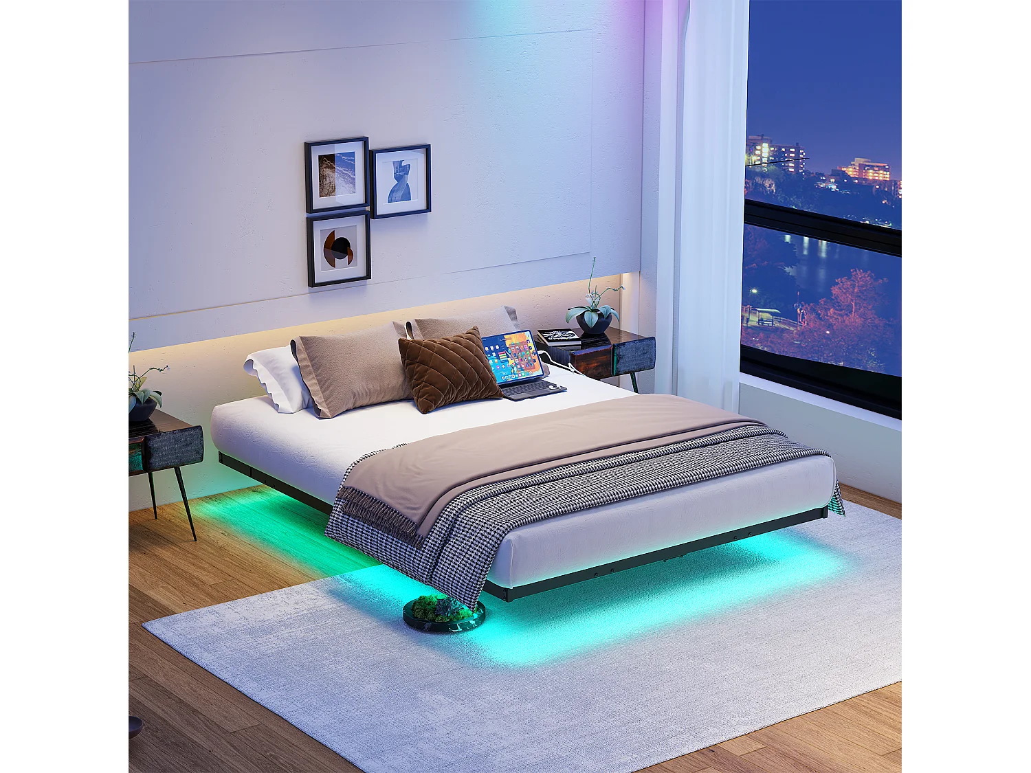 Lit adulte 140x200cm avec LED et station de recharge - Lit flottant en métal - Sans tête de lit - Noir