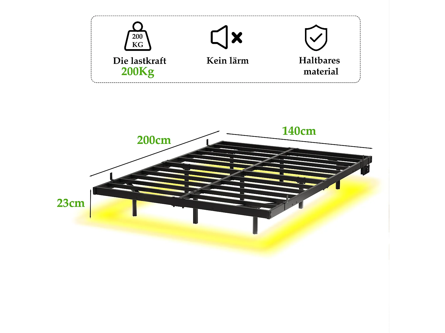 Lit adulte 140x200cm avec LED et station de recharge - Lit flottant en métal - Sans tête de lit - Noir