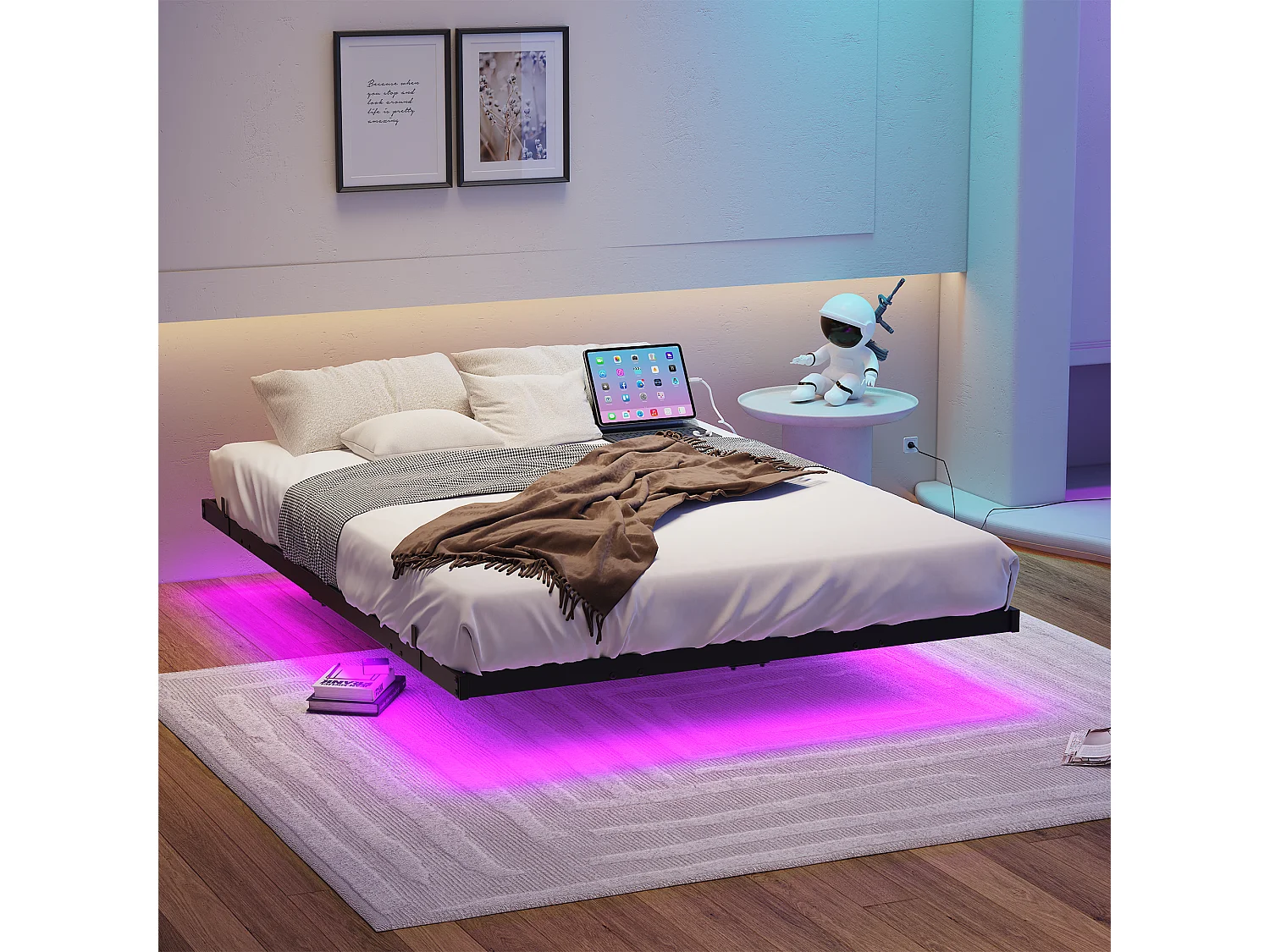 Lit adulte 140x200cm avec LED et station de recharge - Lit flottant en métal - Sans tête de lit - Noir