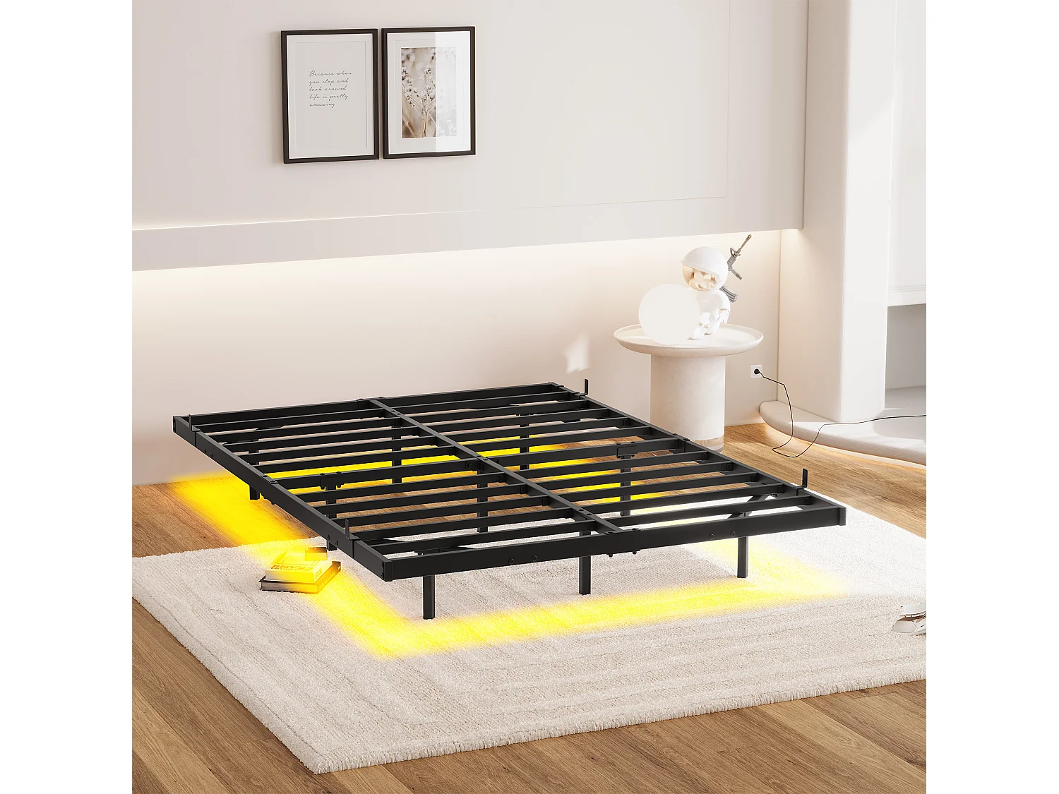 Lit adulte 140x200cm avec LED et station de recharge - Lit flottant en métal - Sans tête de lit - Noir
