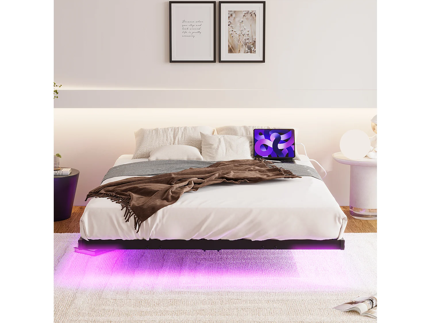 Lit adulte 140x200cm avec LED et station de recharge - Lit flottant en métal - Sans tête de lit - Noir