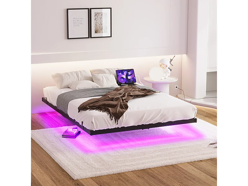 Lit adulte 140x200cm avec LED et station de recharge - Lit flottant en métal - Sans tête de lit - Noir