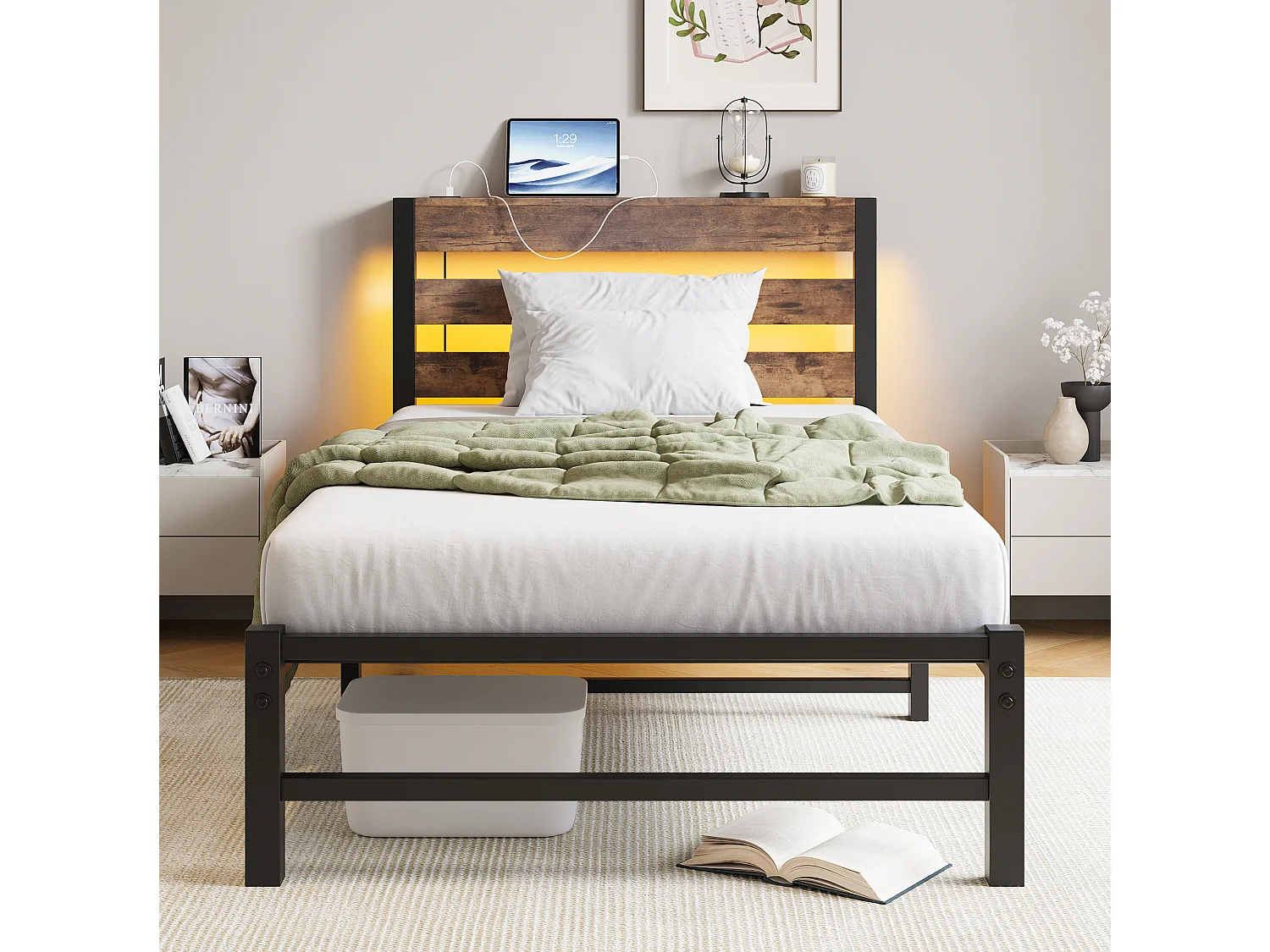 Lit simple 90x200cm avec LED et USB - Lit adulte en métal et bois- Couleur noir et bois (sans matelas)