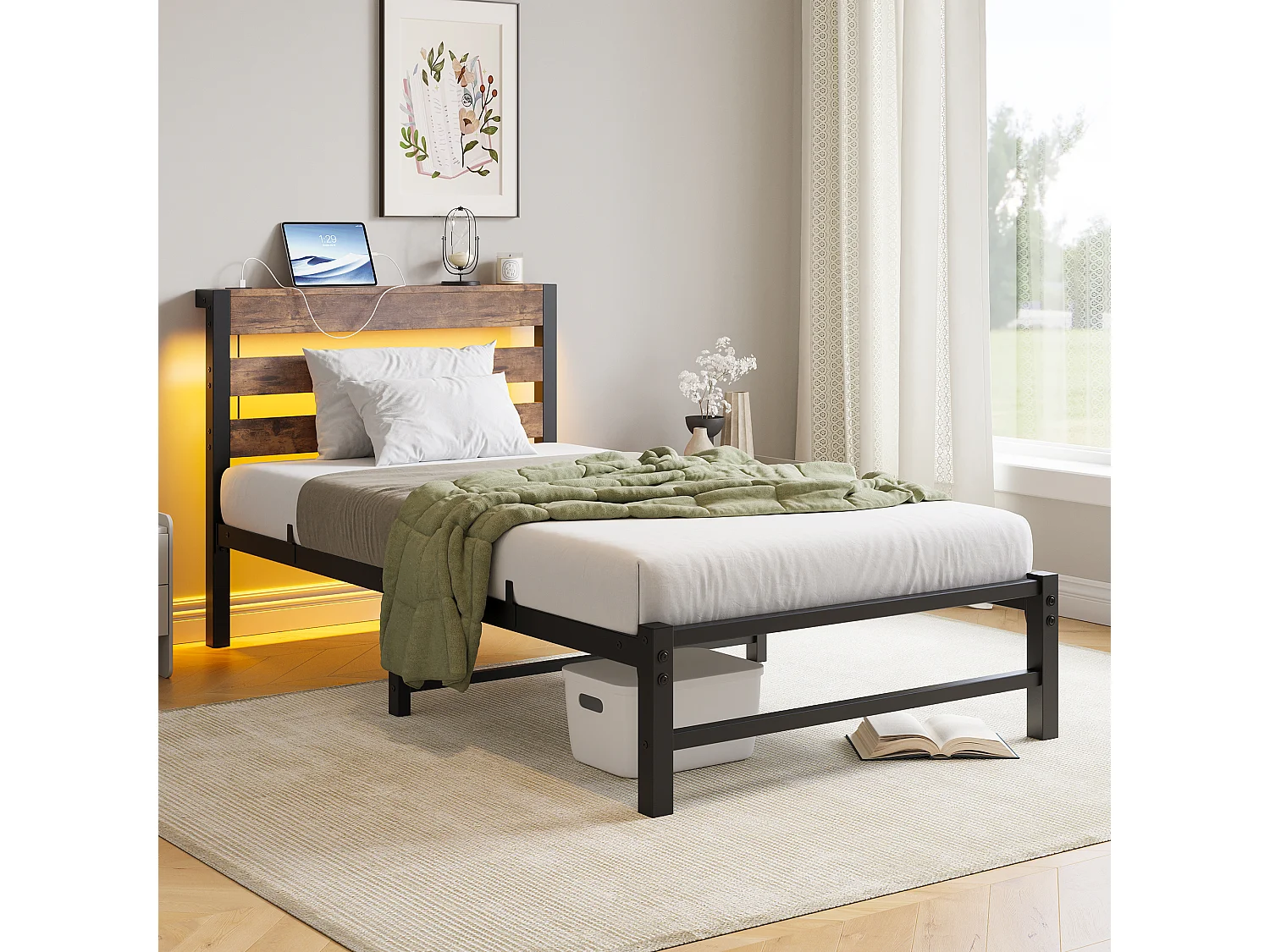 Lit simple 90x200cm avec LED et USB - Lit adulte en métal et bois- Couleur noir et bois (sans matelas)