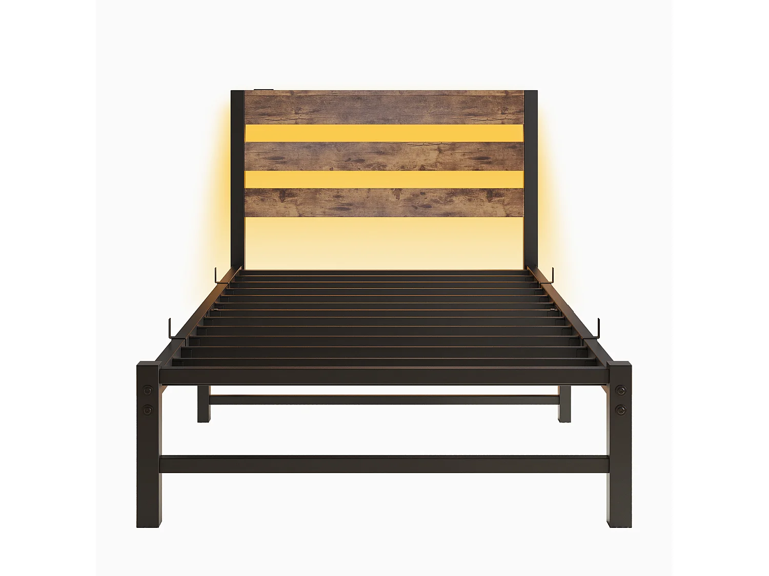 Lit simple 90x200cm avec LED et USB - Lit adulte en métal et bois- Couleur noir et bois (sans matelas)