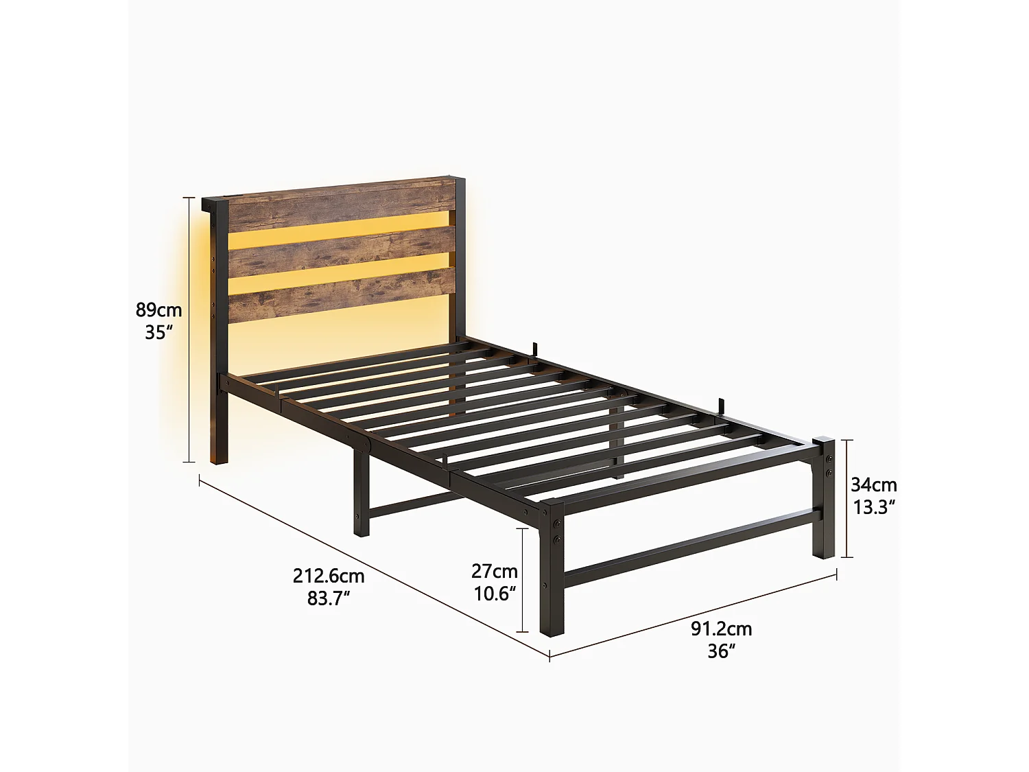 Lit simple 90x200cm avec LED et USB - Lit adulte en métal et bois- Couleur noir et bois (sans matelas)