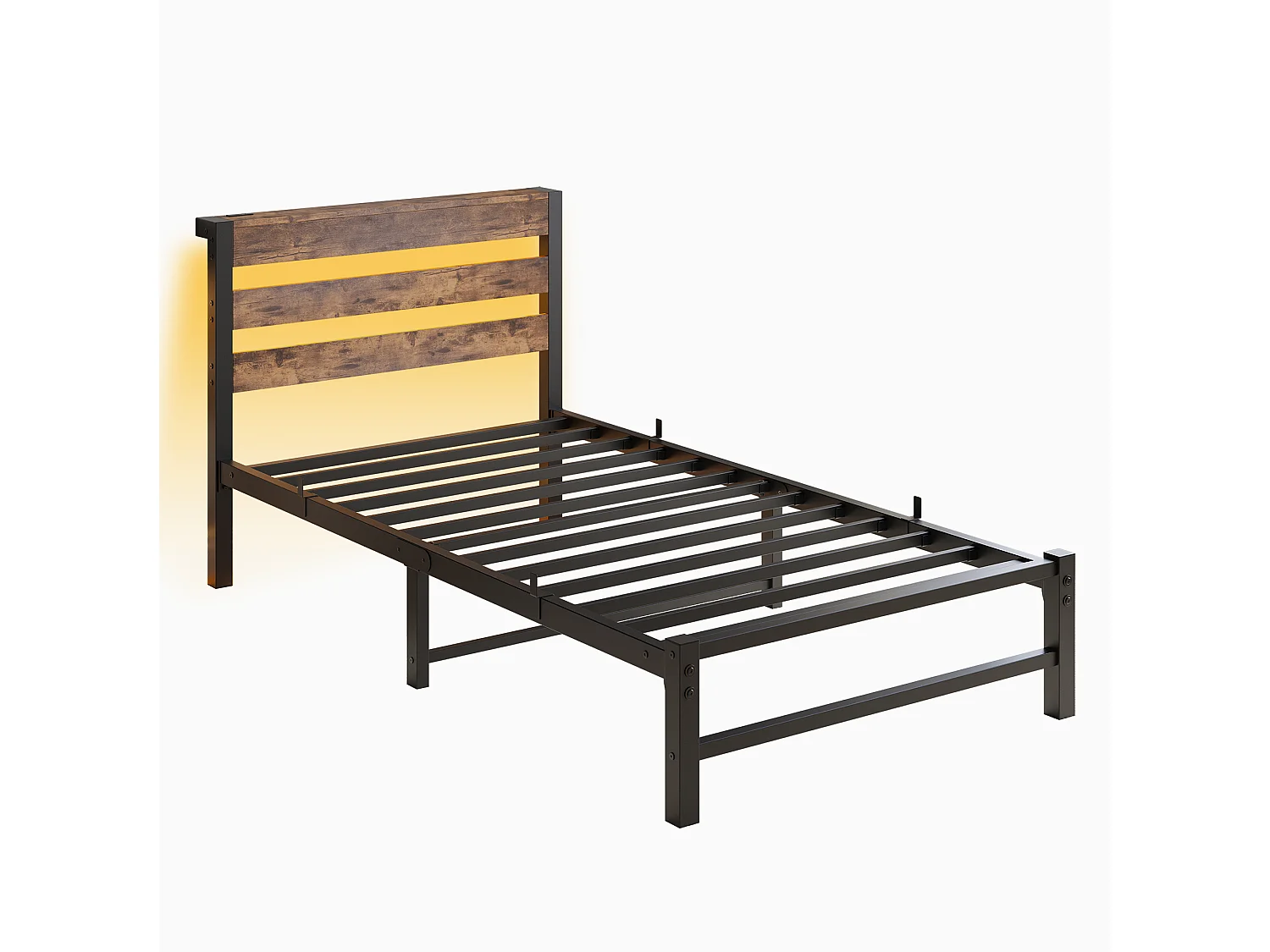 Lit simple 90x200cm avec LED et USB - Lit adulte en métal et bois- Couleur noir et bois (sans matelas)