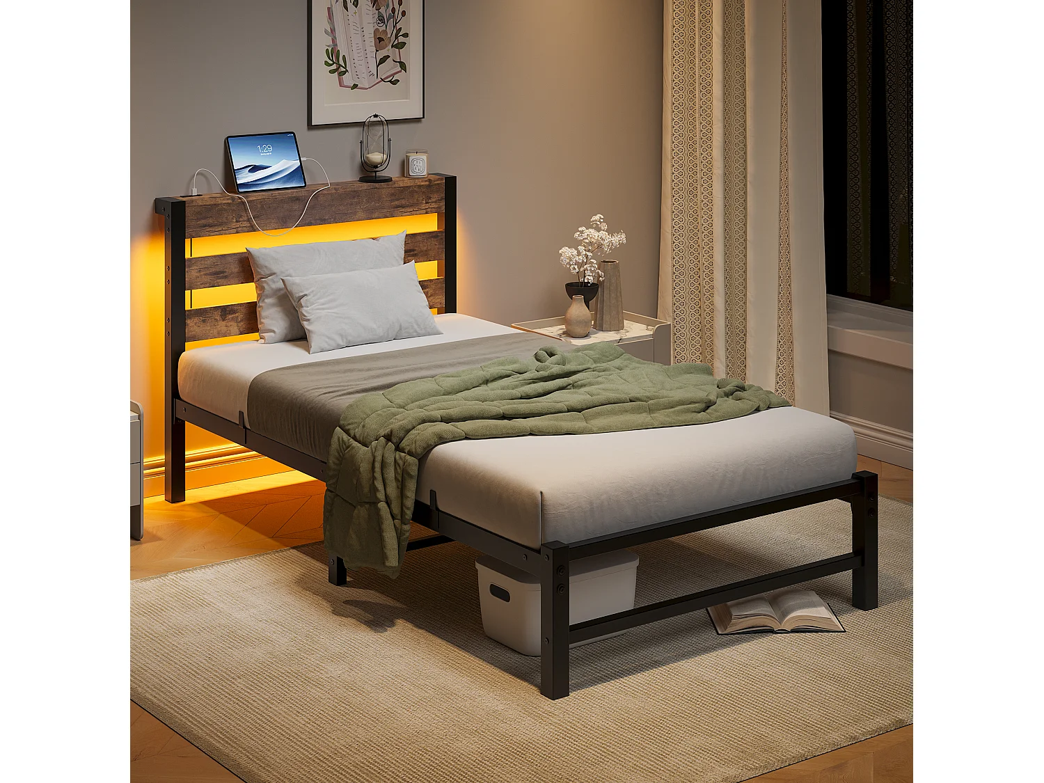 Lit simple 90x200cm avec LED et USB - Lit adulte en métal et bois- Couleur noir et bois (sans matelas)