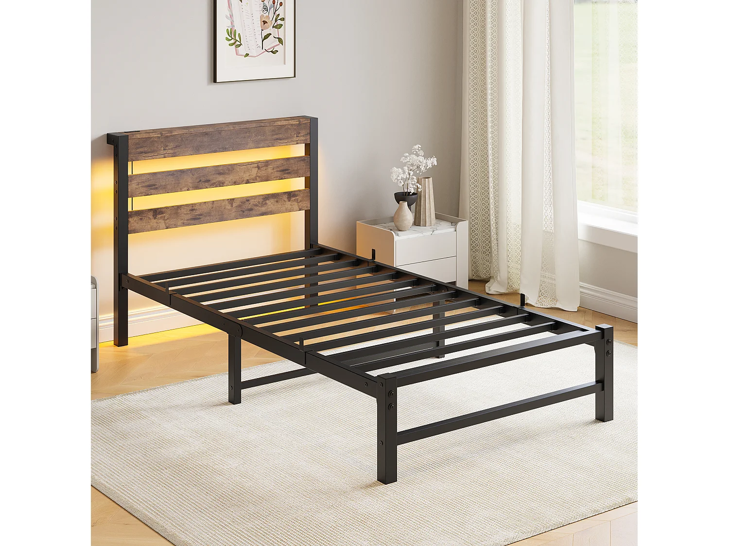Lit simple 90x200cm avec LED et USB - Lit adulte en métal et bois- Couleur noir et bois (sans matelas)
