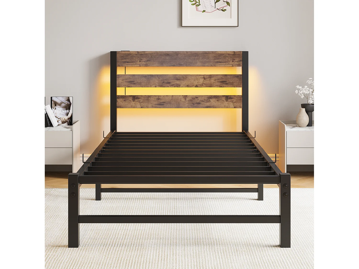 Lit simple 90x200cm avec LED et USB - Lit adulte en métal et bois- Couleur noir et bois (sans matelas)