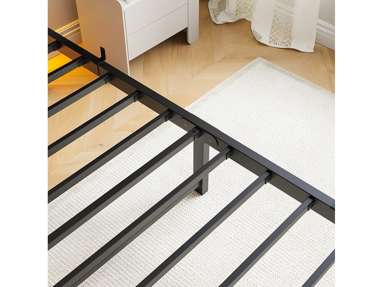 Lit simple 90x200cm avec LED et USB - Lit adulte en métal et bois- Couleur noir et bois (sans matelas)