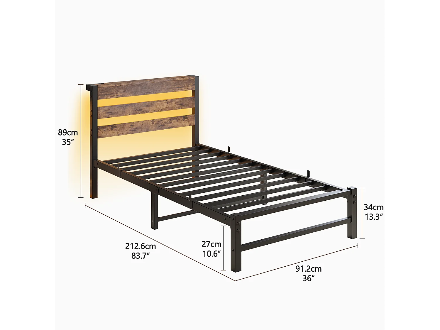 Lit simple 90x200cm avec LED et USB - Lit adulte en métal et bois- Couleur noir et bois (sans matelas)
