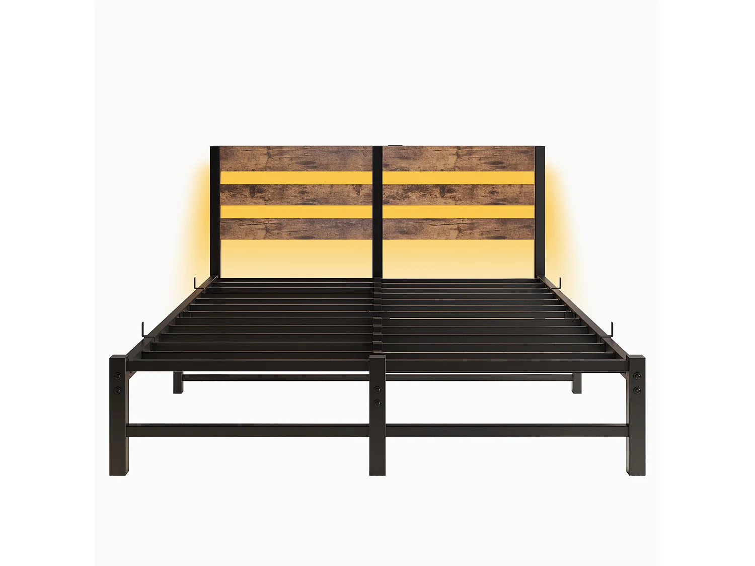 Lit double 140x190cm avec LED et USB - Lit adulte en métal et bois- Couleur noir et bois (sans matelas)