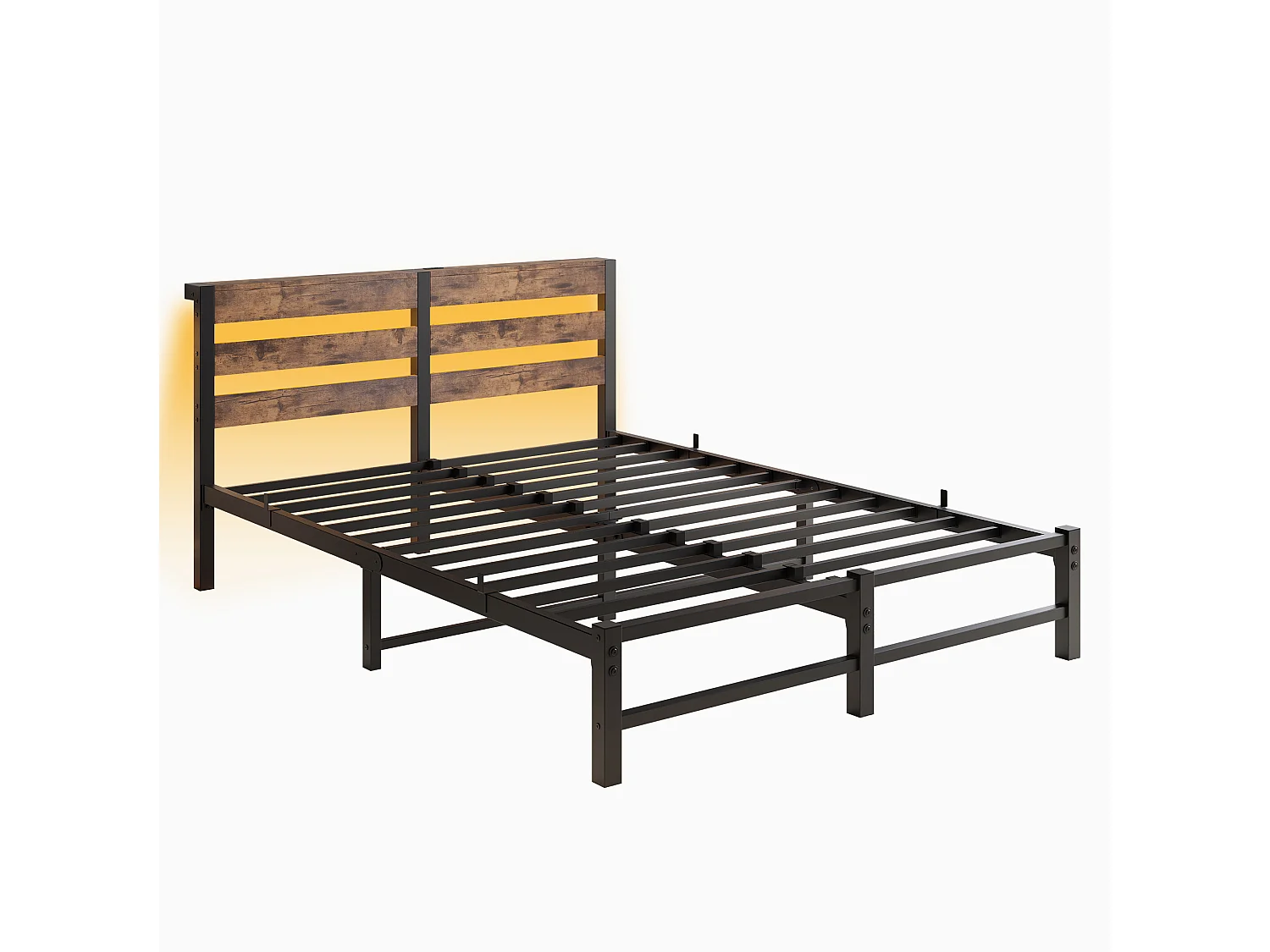 Lit double 140x190cm avec LED et USB - Lit adulte en métal et bois- Couleur noir et bois (sans matelas)