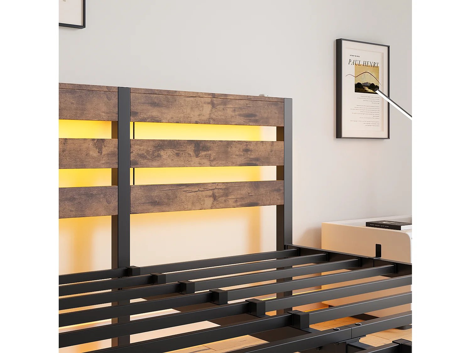 Lit double 140x190cm avec LED et USB - Lit adulte en métal et bois- Couleur noir et bois (sans matelas)