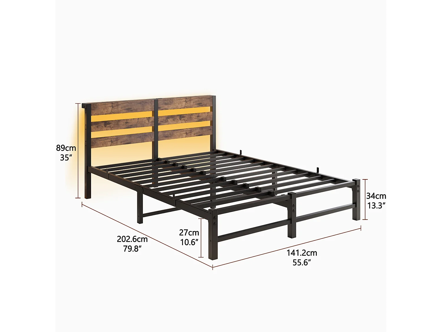 Lit double 140x190cm avec LED et USB - Lit adulte en métal et bois- Couleur noir et bois (sans matelas)