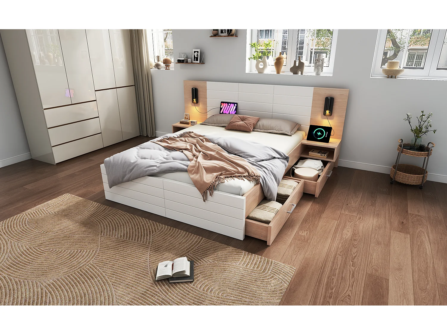 Volwassen tweepersoonsbed 160×200cm met 2 lades, leeslamp, USB-aansluiting en 2 nachtkastjes - Kleur hout en wit