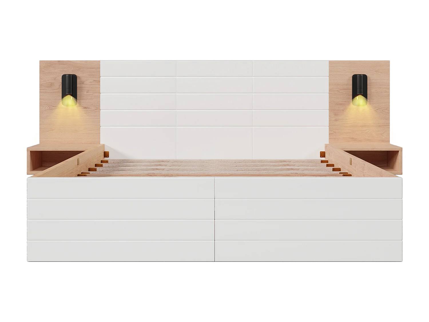 Volwassen tweepersoonsbed 160×200cm met 2 lades, leeslamp, USB-aansluiting en 2 nachtkastjes - Kleur hout en wit