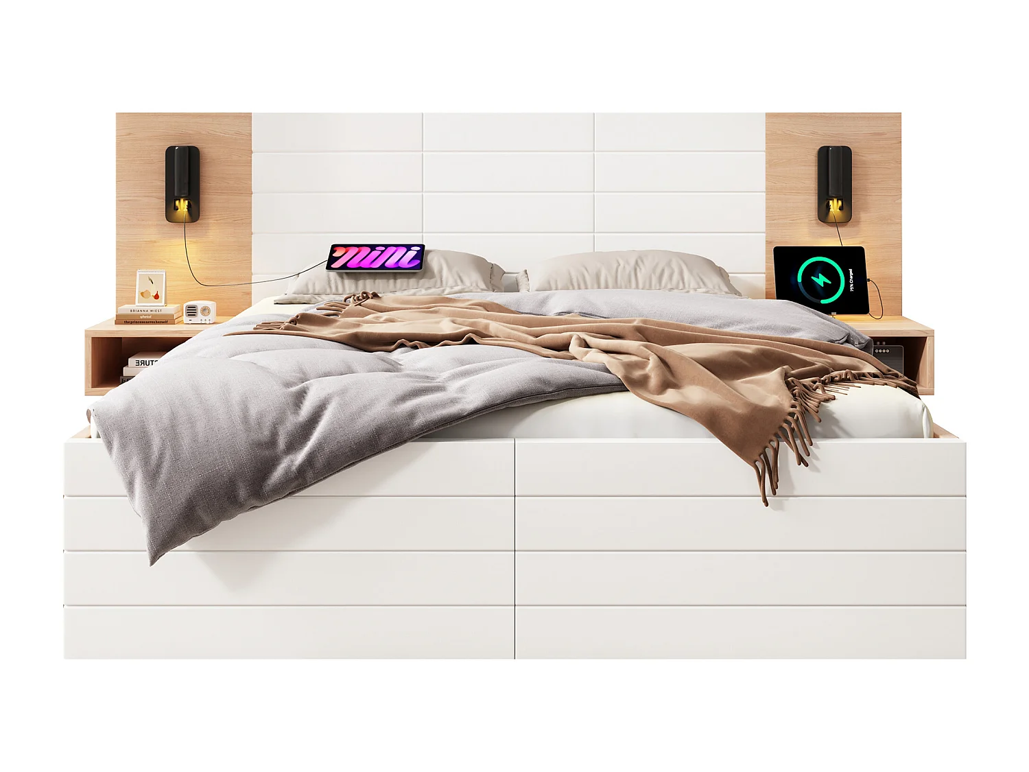 Volwassen tweepersoonsbed 160×200cm met 2 lades, leeslamp, USB-aansluiting en 2 nachtkastjes - Kleur hout en wit
