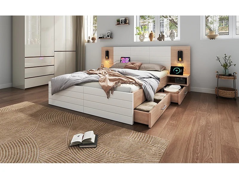 Volwassen bed 140×200cm met 2 lades, leeslamp, USB-aansluiting en 2 nachtkastjes - Kleur hout en wit