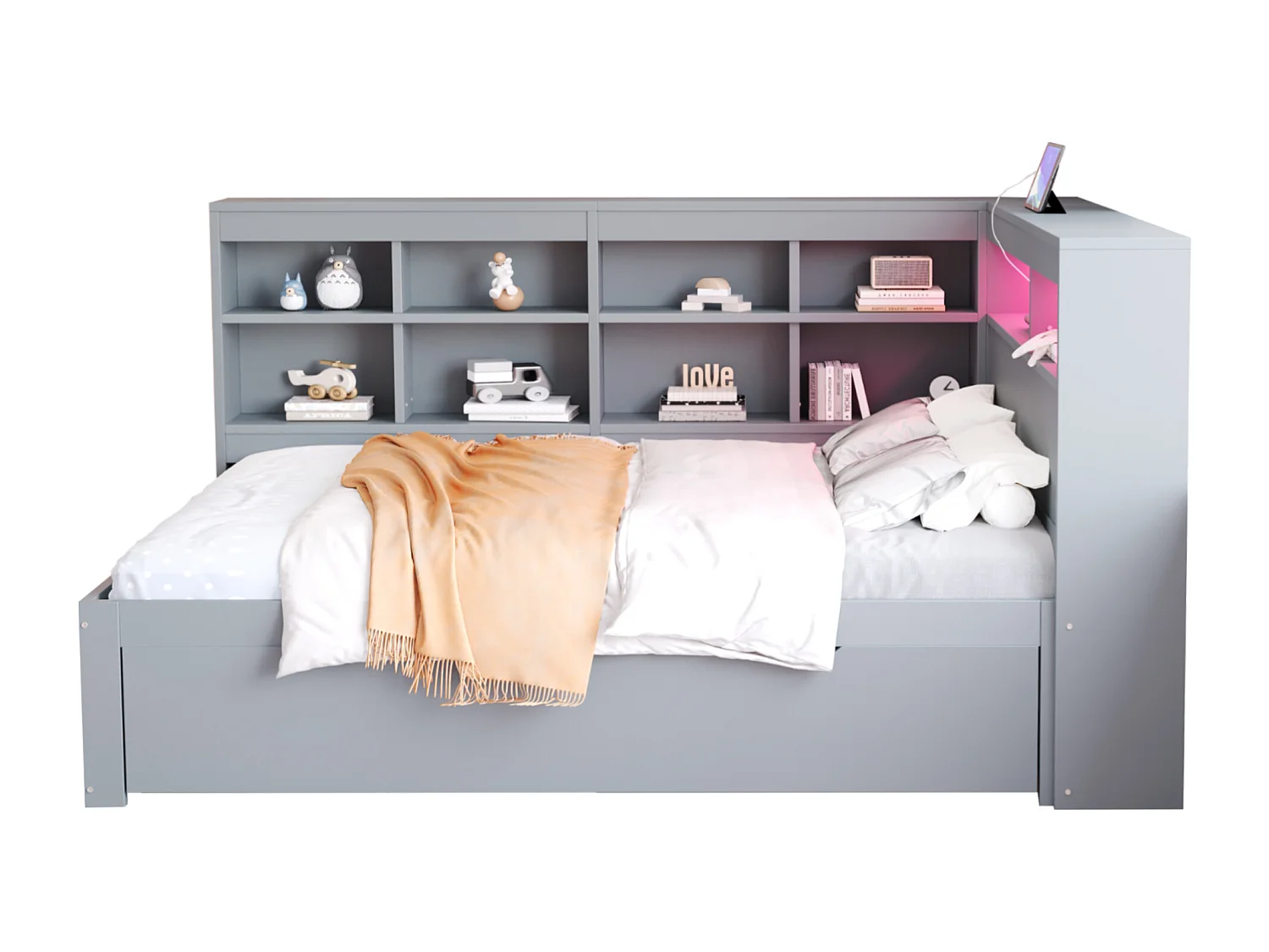 Lit banquette gris 140x200cm avec LED. USB ,tiroir et rangement - Lit double en bois